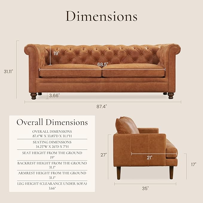 Poly & Bark Lyon Leather Couch - 87.4 Inch Sofa - Full-Grain Leather Sofa for Living Room with Feather-Down Topper - Living Room Couch - Vintage Italian Leather in Cognac Tan