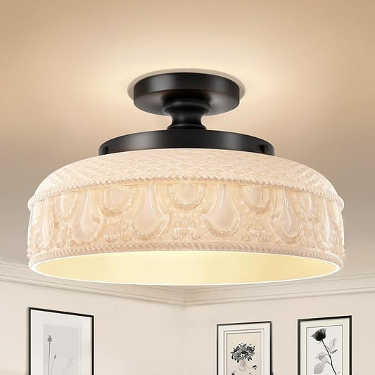 Lamomo Semi Flush Mount Ceiling Light,White Glass Shade Black Hallway Light Fixture,3-Bulb Globe Glass Close to Ceiling Scone,Indoor Hanging Light for Bedroom Kitchen Porch Hallway,Bulbs Not Included