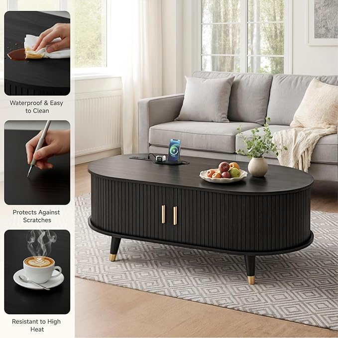 Mid-Century Fluted Oval Coffee Table with 360° Tambour Doors, Hidden Storage, Solid Wood Legs & 2 AC+2 USB Charging Station, Modern Coffee Table for Living Room, Apartment, Black