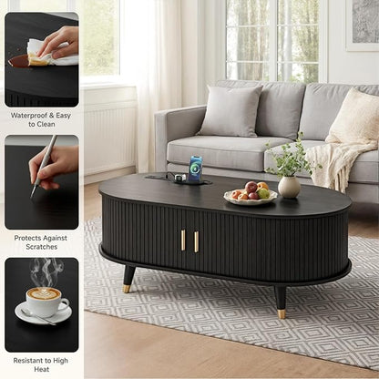 Mid-Century Fluted Oval Coffee Table with 360° Tambour Doors, Hidden Storage, Solid Wood Legs & 2 AC+2 USB Charging Station, Modern Coffee Table for Living Room, Apartment, Black
