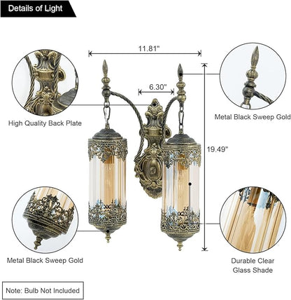 Rustic Wall Sconce with Amber Glass Vintage 2-Lights Antique Gothic Wall Light Fixture Retro Mid Centry Lantern Wall Sconce for Bedroom, Living Room, Mirror, Brush Gold, E12