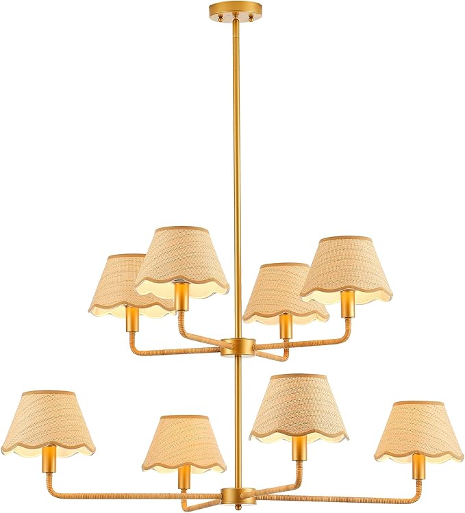 2-Layers Boho Rattan Chandelier 8-Lights Rustic Industrial Pendant Light Large Adjustable Pendant Lighting Fixtures for Kitchen Island Dining Living Room, Dia 41”, UL Listed