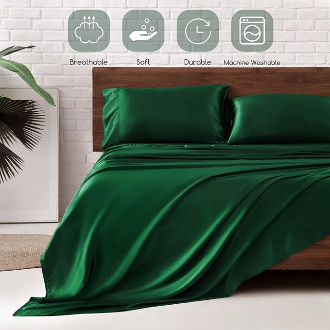 MR&HM Satin Bed Sheets, Full Size Sheets Set, 4 Pcs Silky Bedding Set with 15 Inches Deep Pocket for Mattress (Full, Dark Green)