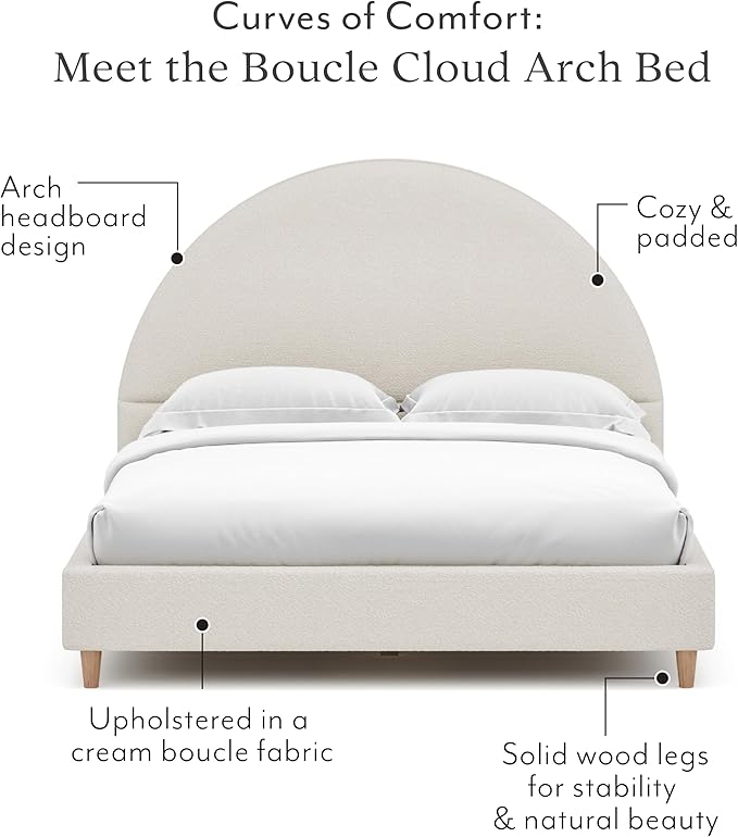 DG Casa Boucle Cloud Bed Frame with Arch Shaped Headboard, Upholstered in Soft Fabric, Platform Solid Wood Legs - Boho or Modern Style - No Box Spring Needed - Queen Size