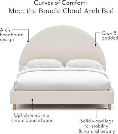 DG Casa Boucle Cloud Bed Frame with Arch Shaped Headboard, Upholstered in Soft Fabric, Platform Solid Wood Legs - Boho or Modern Style - No Box Spring Needed - Full Size