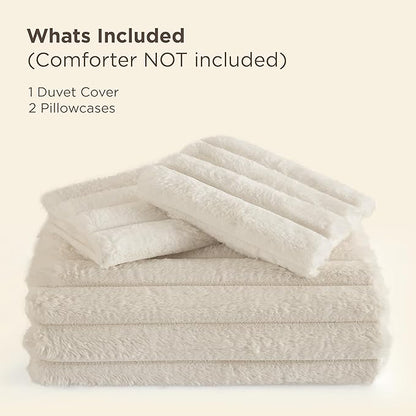 Bedsure Faux Fur Duvet Cover King Size - Beige Fluffy Duvet Cover Set, Soft and Cozy Shaggy Bedding Comforter Cover, Winter Warm Luxury Fuzzy Bed Set 3 Pieces, 1 King Duvet Cover and 2 Pillowcases