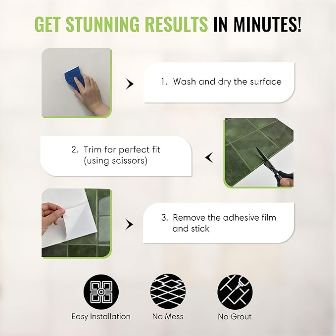 5 Pack Peel and Stick Backsplash Square Tiles, Extra Thick 3D Wall Panels, Heat & Water Resistant, Easy DIY Kitchen, Bathroom, Laundry, Fireplace & Rental Home Wall Décor (12 x 12 in), Green