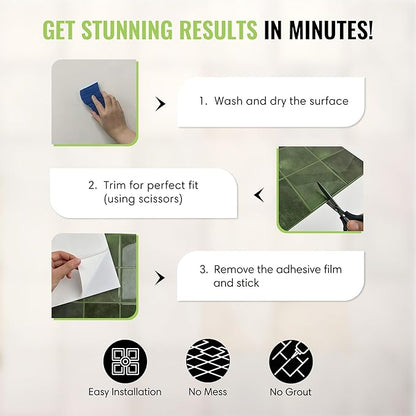 5 Pack Peel and Stick Backsplash Square Tiles, Extra Thick 3D Wall Panels, Heat & Water Resistant, Easy DIY Kitchen, Bathroom, Laundry, Fireplace & Rental Home Wall Décor (12 x 12 in), Green