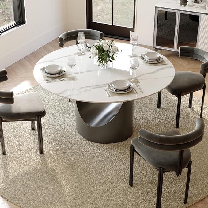 POVISON Round Dining Table for 4, 47" Glossy White Sintered Stone Top Dining Table with Grey Carbon Steel Pedestal, Modern Dining Room Table for Kitchen, Living Room (Table Only)