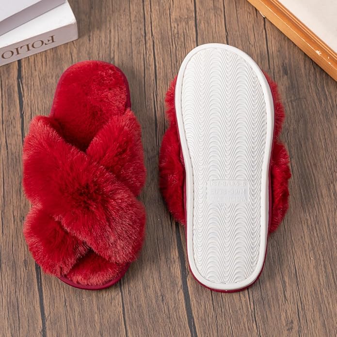 Women's Slipper Memory Foam Cross Band Fuzzy Slippers Open Toe Cozy House Slippers Cozy Plush Bedroom Indoor Outdoor