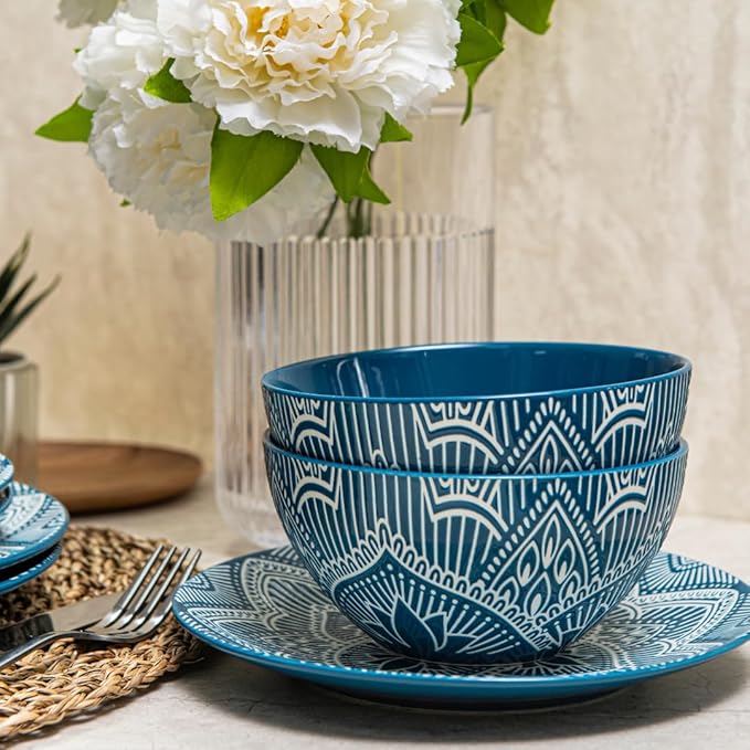 Bzyoo 12-Piece Ceramic Dinnerware Set: La La Mandala Blue Dish Set Design for Every Occasion - Microwave & Dishwasher Safe Stackable Plates Bowls