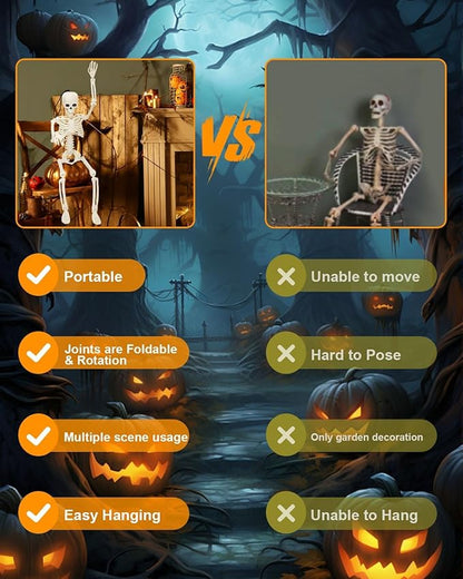 5 Pack Posable Skeleton Halloween Decorations, 16in Halloween Skeleton Decor- Full Body Movable Joints with 22 Spiders & Cobweb, Outdoor/Indoor Scary Party Graveyard Props Hanging Skeletons