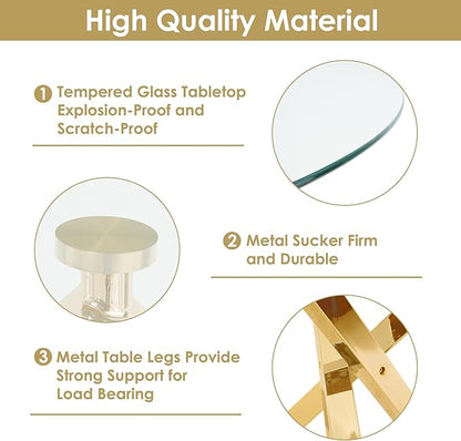 Gold Round Dining Table Set for 4, 39'' Clear Glass Top Dinner Table Set, 5 Piece Modern Luxury Circle Kitchen Table and Ivory Woven Chairs Set, Small Circular Dinette Set, for Apartment