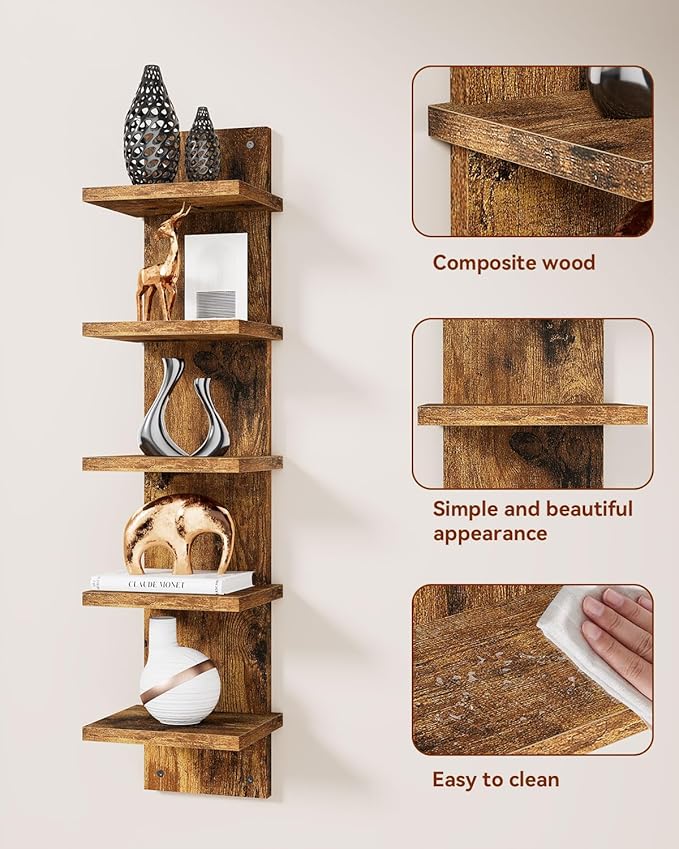 IBUYKE 5 Tier Wall Shelf Unit,Brown Vertical Shelf,Decorative Wall Mount Vertical Shelving for Home, Bedroom,Living Room,Office Decor WBC009H