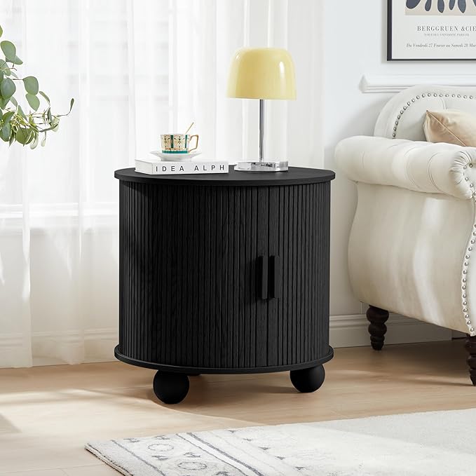 24" Fluted Round Nightstand Set of 2, Mid-Century Large Wooden End Table with Charging Station, Modern Storage Side Table with Sliding Door for Bedroom Living Room (2XRound, Black)