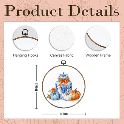 Hxlac Chinoiserie Pumpkin Fall Round Wall Art Framed, Blue and White Porcelain Pumpkin Round Wall Decor, Coquette Bow Chinoiserie Hanging Canvas Prints Wall Sculptures for Home Room Decor, 10x10 Inch