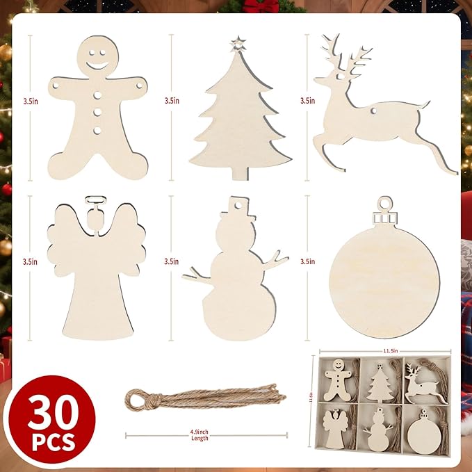 MACTING 30PCS Wooden Christmas Ornaments Unfinished Predrilled Natural Wood Slices DIY Blank Hanging Ornaments Kit for Crafts Centerpieces Christmas Tree Decorations, 6 Styles