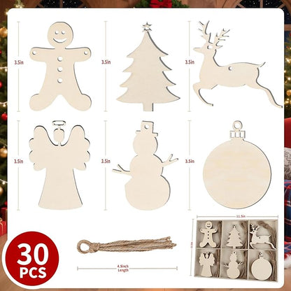 MACTING 30PCS Wooden Christmas Ornaments Unfinished Predrilled Natural Wood Slices DIY Blank Hanging Ornaments Kit for Crafts Centerpieces Christmas Tree Decorations, 6 Styles
