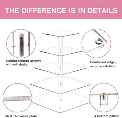 YestBuy Cupcake Stand – 5 Tier Premium Cupcake Holder – Acrylic Cupcake Tower Display – Cady Bar Party Décor –Acrylic Display for Pastry + LED Light String – Ideal for Weddings, Birthday (Pink)
