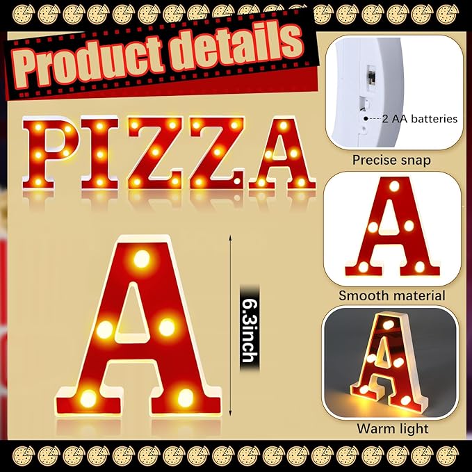 Pizza Light up Letters Sign Party Decorations Battery Powered Marquee Lighted Sign LED Alphabet Letter Lights for Christmas Night Party Birthday Home Tabletop Decor Supplies Xmas Gift