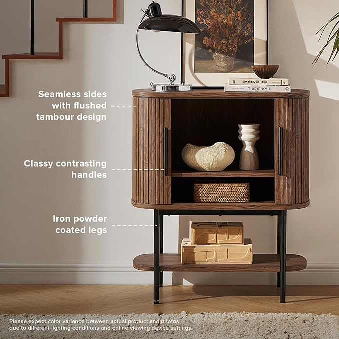 mopio Quin Storage Cabinet, Tambour Fluted Entryway Accent Sofa Tables, Buffet Sideboard with Doors & Shelves, Pantry Coffee Wine Bar Cabinet, Wood Console Table, Mid Century Modern (Walnut)