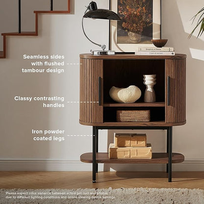 mopio Quin Storage Cabinet, Tambour Fluted Entryway Accent Sofa Tables, Buffet Sideboard with Doors & Shelves, Pantry Coffee Wine Bar Cabinet, Wood Console Table, Mid Century Modern (Walnut)
