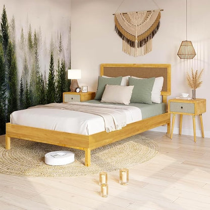 Bme Nipe 14 Inch Bohemian Bed Frame with Adjustable Woven Headboard - Rustic & Vintage Unique Style with Acacia Wood - No Box Spring Needed - Easy Assembly - Full, Natural