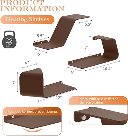 Floating Wall Shelves Set of 3, Metal Mounted Shelf with Unique Design, Bookshelf for Storage & Display in Bathroom, Bedroom, Kitchen, Living Room, Brown Home Decor