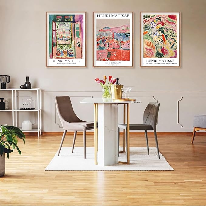 ILLBDR Framed Wall Art Vintage Matisse Wall Art Canvas Set of 3, Retro Prints Poster Mid Century Aesthetic Floral Botanical Decor for Living Room Bathroom Bedroom 16x24 Inch