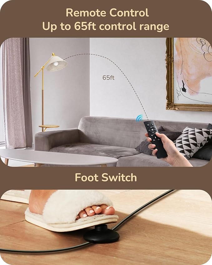 EDISHINE 68" Arc Floor Lamp with Table, Vintage Standing Lamp for Living Room Tall Reading Lamp, Beige Shade, Adjustable Arm, Remote Dimmable Bulb Included, for Bedroom Office, Wood Grain