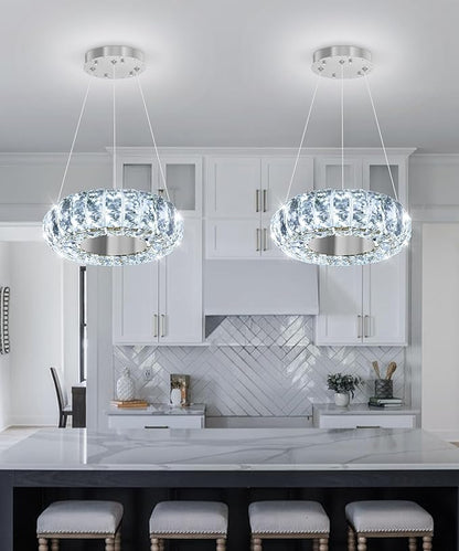 8" Ring Modern LED Dimmable Crystal Chandelier Adjustable Height Pendant Light Round Crystal Chandelier Light Fixtures for Dining Room Living Room Kitchen Island Silver