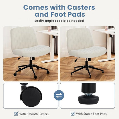 DUMOS Criss Cross Chair with Wheels, Wide Cross Legged Desk Vanity Chairs, Fabric Armless Adjustable Swivel Chairs for Home Computer Task, Beige