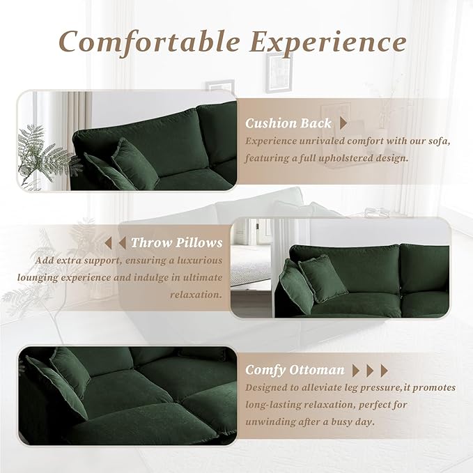 SoarFlash Chenille Sectional Sofa, Comfy Modular Coush Sofa with Ottoman, Modern 2 Seat Recliner Deep Seat Sofa Set for Living Room,Green