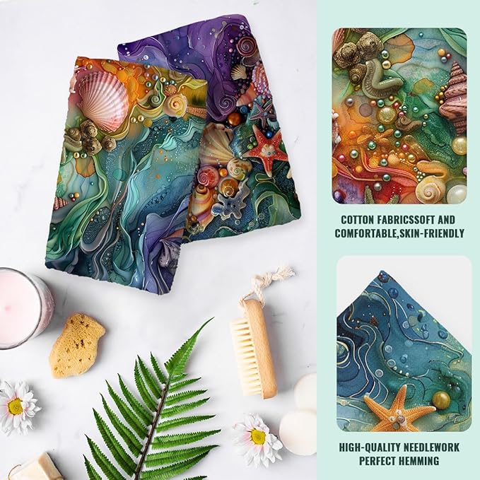 Colorful Beach Kitchen Towels Set of 2 Seashells Starfish Ocean Waves Dish Towels Housewarming Holiday Tabletop Decor Beach