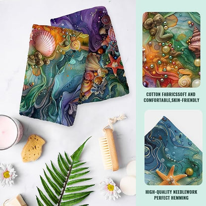 Colorful Beach Kitchen Towels Set of 2 Seashells Starfish Ocean Waves Dish Towels Housewarming Holiday Tabletop Decor Beach