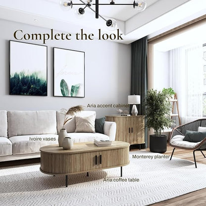 LuxenHome Oval Coffee Table with Storage, 47" Mid Century Modern Fluted Coffee Tables for Living Room, Wooden Sliding Door Boho Storage Center Table for Home, Office