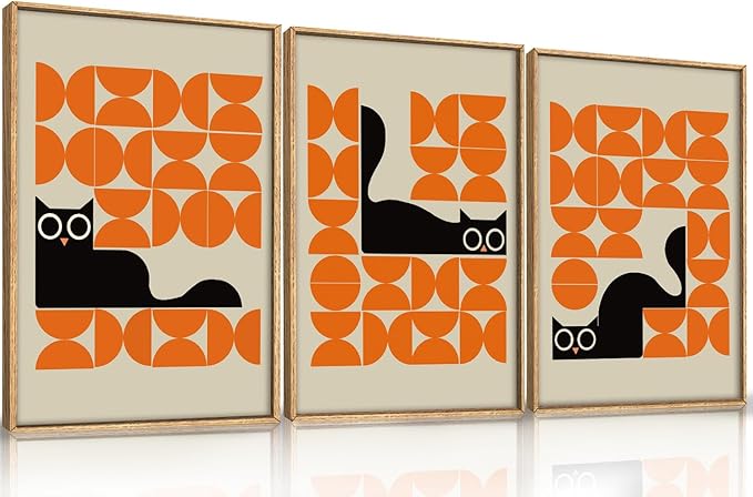 HOURIA Geometric Black Cat Framed Canvas Wall Art Set,Abstract Orange & Cream Wall Decor,Round Eyes Playful Kitten Wall Painting,Modern Animal Prints for Nursery,Living Room,Office - 24"x36"x3