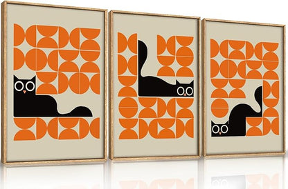 HOURIA Geometric Black Cat Framed Canvas Wall Art Set,Abstract Orange & Cream Wall Decor,Round Eyes Playful Kitten Wall Painting,Modern Animal Prints for Nursery,Living Room,Office - 24"x36"x3