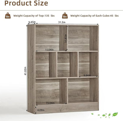 LEYAOYAO 7 Cube Bookshelf with Base,3 Tier Mid-Century Modern Grey Bookcase,Standing Wide Bookshelves Storage Organizer Shelf,Rustic Wood Display Cabinet Book Shelves for Bedroom,Living Room,Office