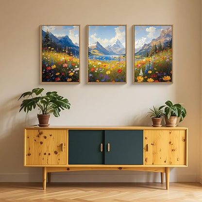 HOURIA Colorful Wildflower Mountain Framed Canvas Wall Art Set,Blue Sky Lake Green Tree Grass Wall Decor,Nature Flower Artwork,Field Scenery Art Prints for Living Room,Bedroom,Farmhouse-16 x24 x3