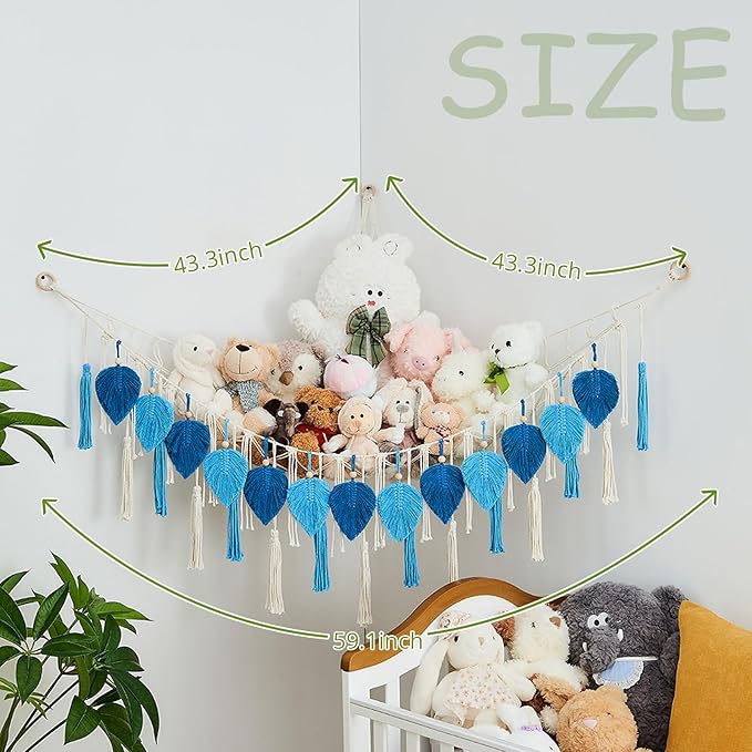 Pretty Jolly Stuffed Animal Storage with Hand Woven Leaf Tassels Hammock Corner Hanging Net Boho Macrame Storage for Kid Room Nursery Decor Wall Display for Girls Gift(Dark Blue&Lake Blue)