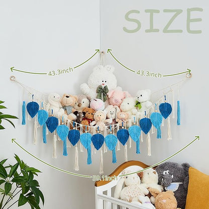 Pretty Jolly Stuffed Animal Storage with Hand Woven Leaf Tassels Hammock Corner Hanging Net Boho Macrame Storage for Kid Room Nursery Decor Wall Display for Girls Gift(Dark Blue&Lake Blue)