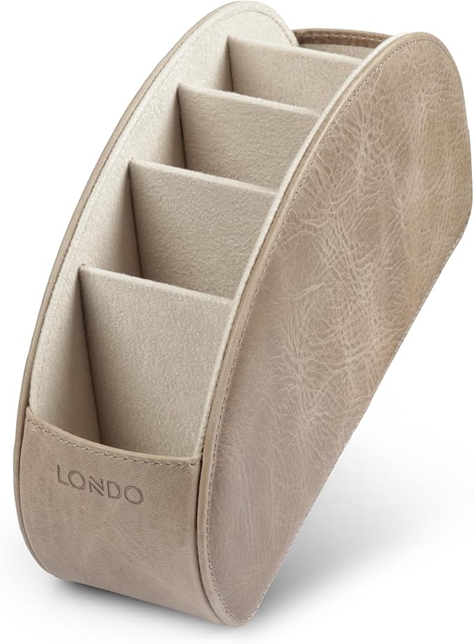 Londo Remote Control Holder with 5 Pockets - Store DVD, Blu-Ray, TV, Roku or Apple TV Remotes - Italian Genuine Leather with Suede Lining - Slim, Compact Living or Bedroom Storage