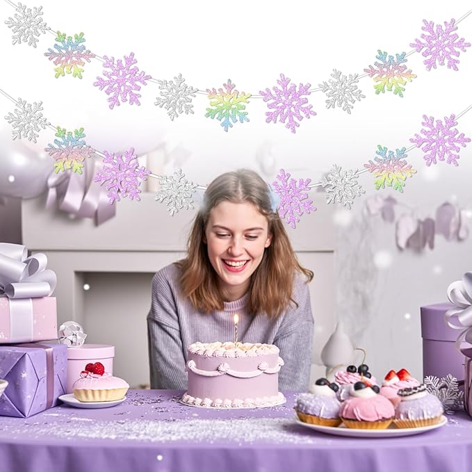 2Pack Silver and Purple Snowflake Garland Winter Wondeland Decorations, Glitter Snowflake Banner for Girl/Women Frozen Birthday Party Decorations and Christmas Baby Shower Party Supplies.