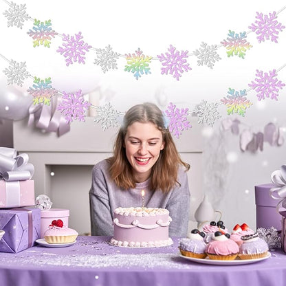 2Pack Silver and Purple Snowflake Garland Winter Wondeland Decorations, Glitter Snowflake Banner for Girl/Women Frozen Birthday Party Decorations and Christmas Baby Shower Party Supplies.