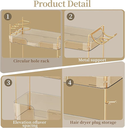 3 Tier Bathroom Organizer Countertop Makeup Perfume Skincare Organizer Comes with Hair Dryer Rack and Toothbrush Holder for Bathroom Dresser Vanity (Gold)