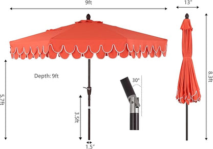 JONATHAN Y UMB1002A Tracy 9 ft. Classic MidCentury Scalloped Fringe Market Patio Umbrella with Auto-Tilt, Crank, Wind Vent and UV Protection in Coral Red/White