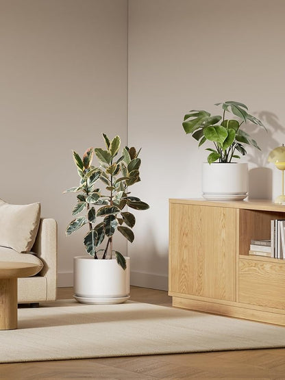 LE TAUCI 12 Inch Pots for Plants, Ceramic Plant Pots with Drainage Holes and Saucers, Elegant and Durable Large Plant Pot, Perfect for Home & Office Decor, White