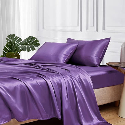 MR&HM Satin Bed Sheets, Twin XL Size Sheets Set, 3 Pcs Silky Bedding Set with 15 Inches Deep Pocket for Mattress (Twin XL, Lavender)