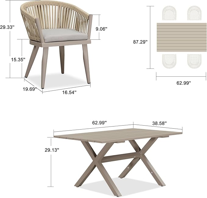 PURPLE LEAF 5 Pieces Outdoor Dining Set with Patio Aluminium Dining Table and Wicker Chairs Modern Furniture Cushions Sets for Backyard Indoor Decor Kitchen Champagne